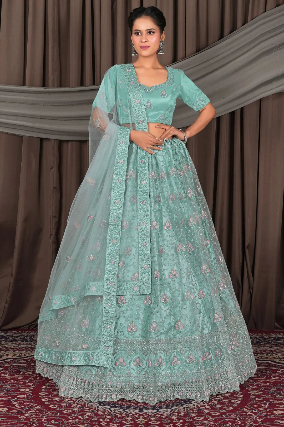 Sea Green Net Lehenga Choli With Embroidery Work