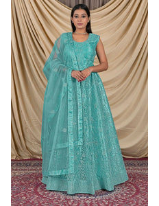 Sea Green Net Readymade Lehenga Choli For Girls