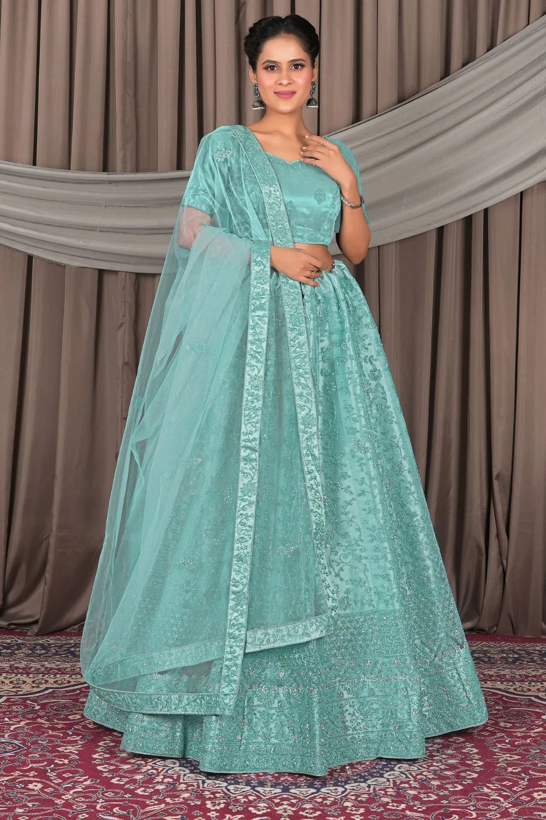Sea Green Party Wear Net Lehenga Choli For Women
