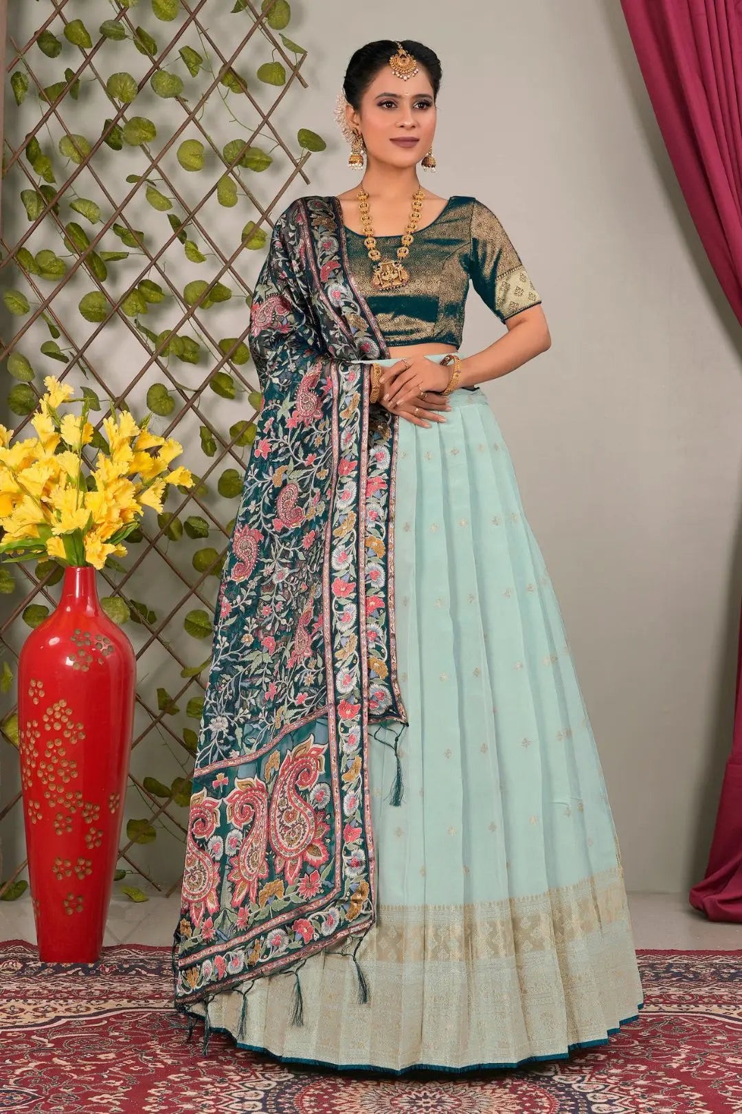 Woman in traditional outfit with floral patterns lehenga choli with dupatta