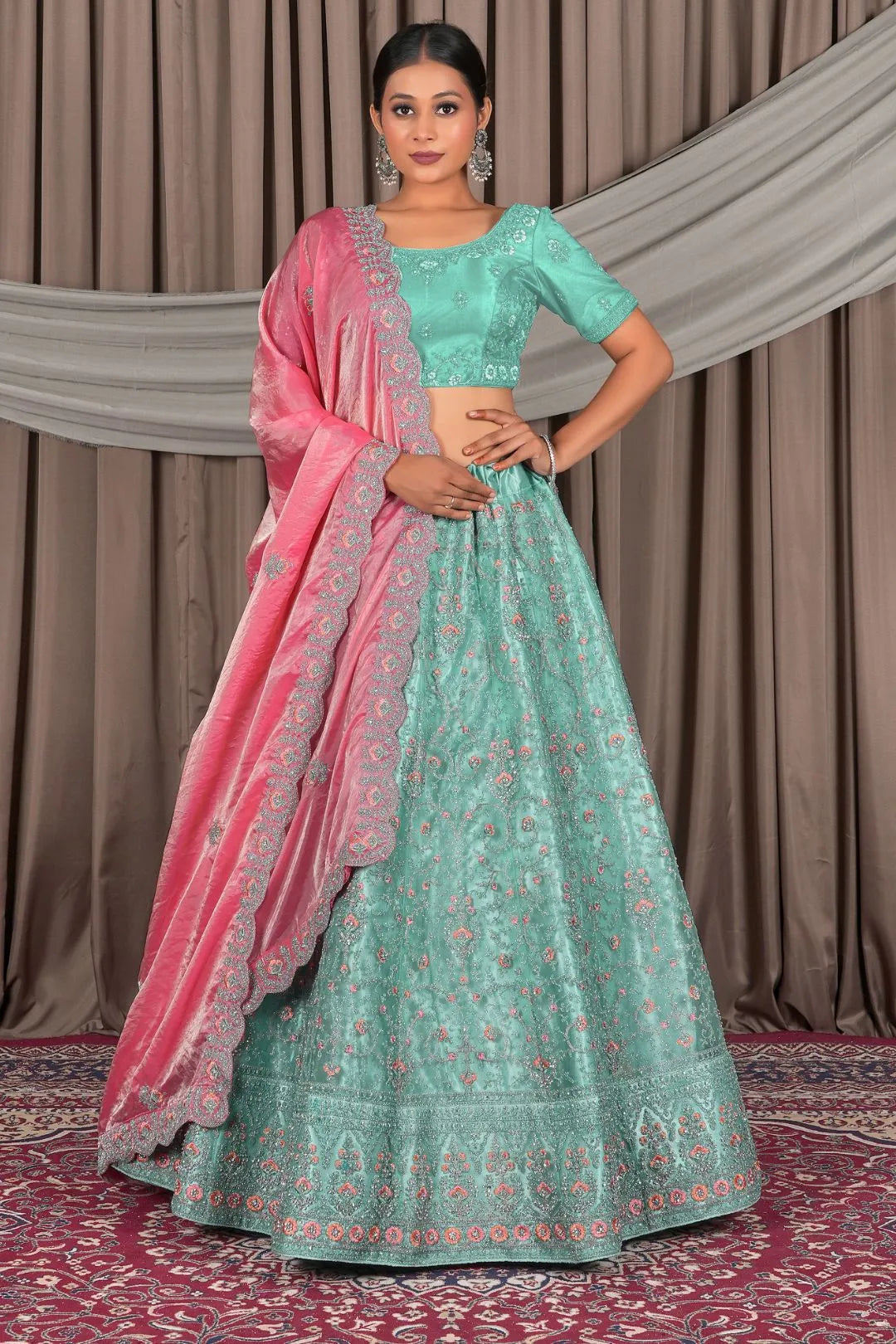 Sea Green Wedding Wear Embroidered Net Lehenga Choli For Women