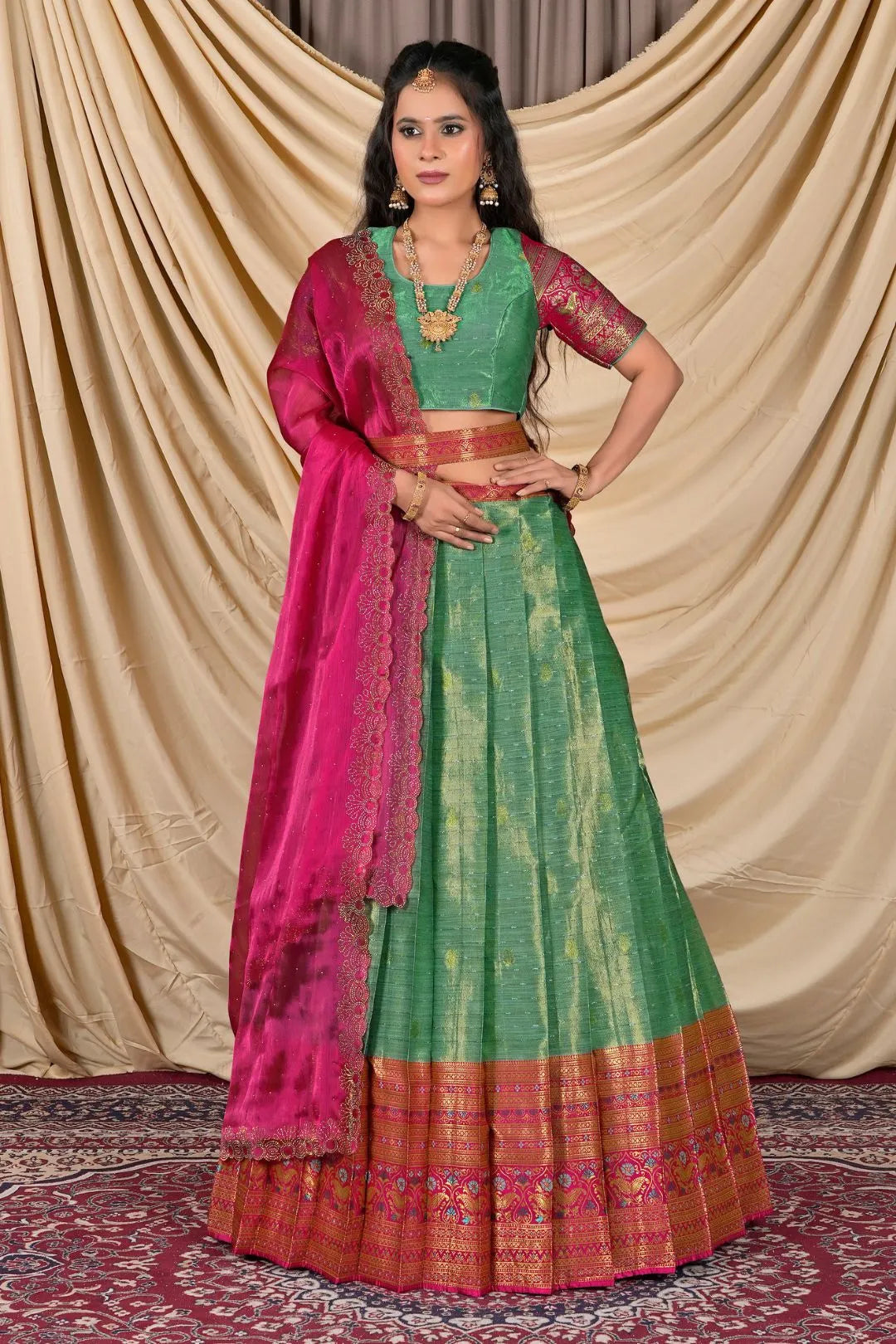 Sea Green Zari Silk Lehenga Choli With Zari Woven