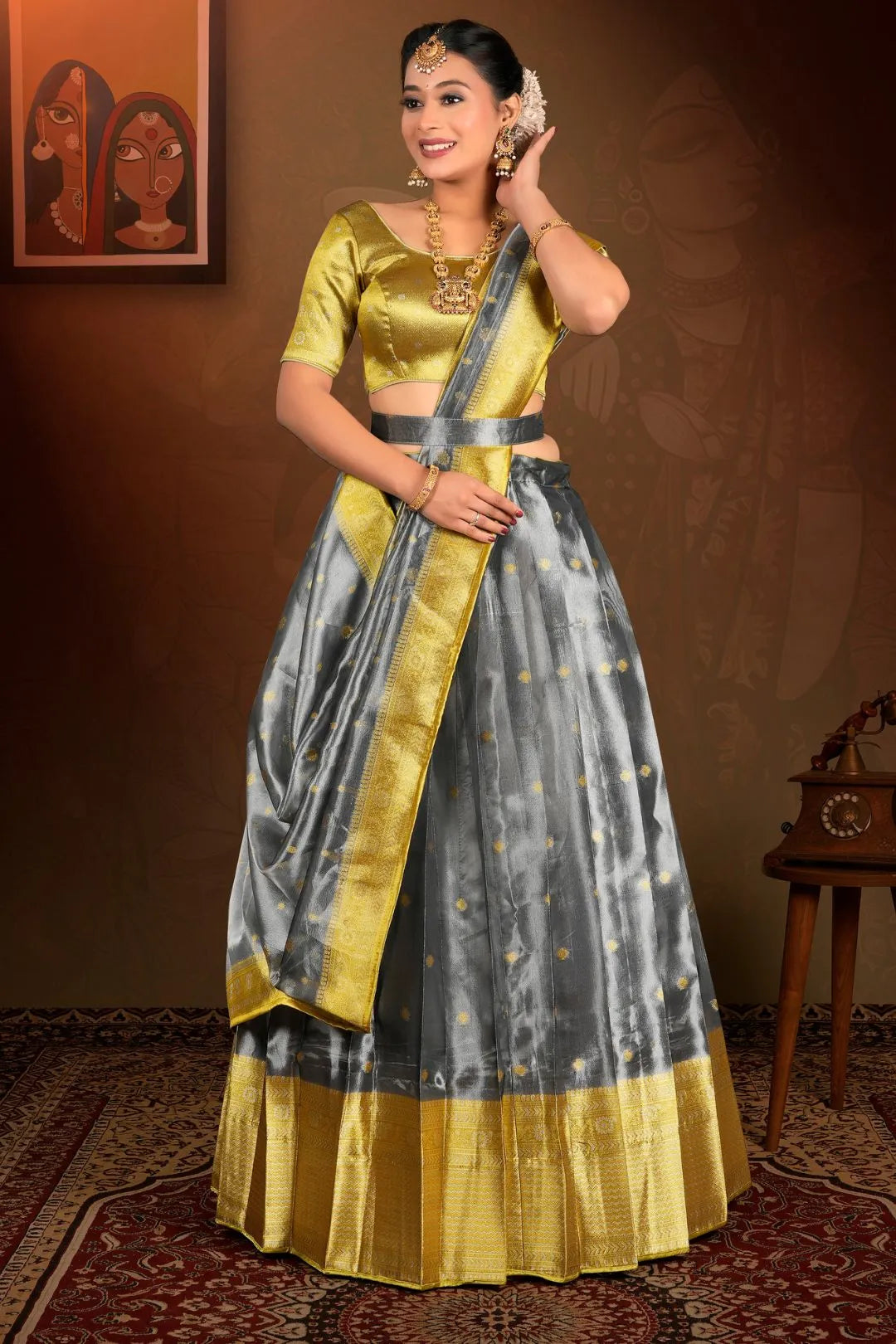 Gray Tissue Silk Zari Work Lehenga Choli For Women