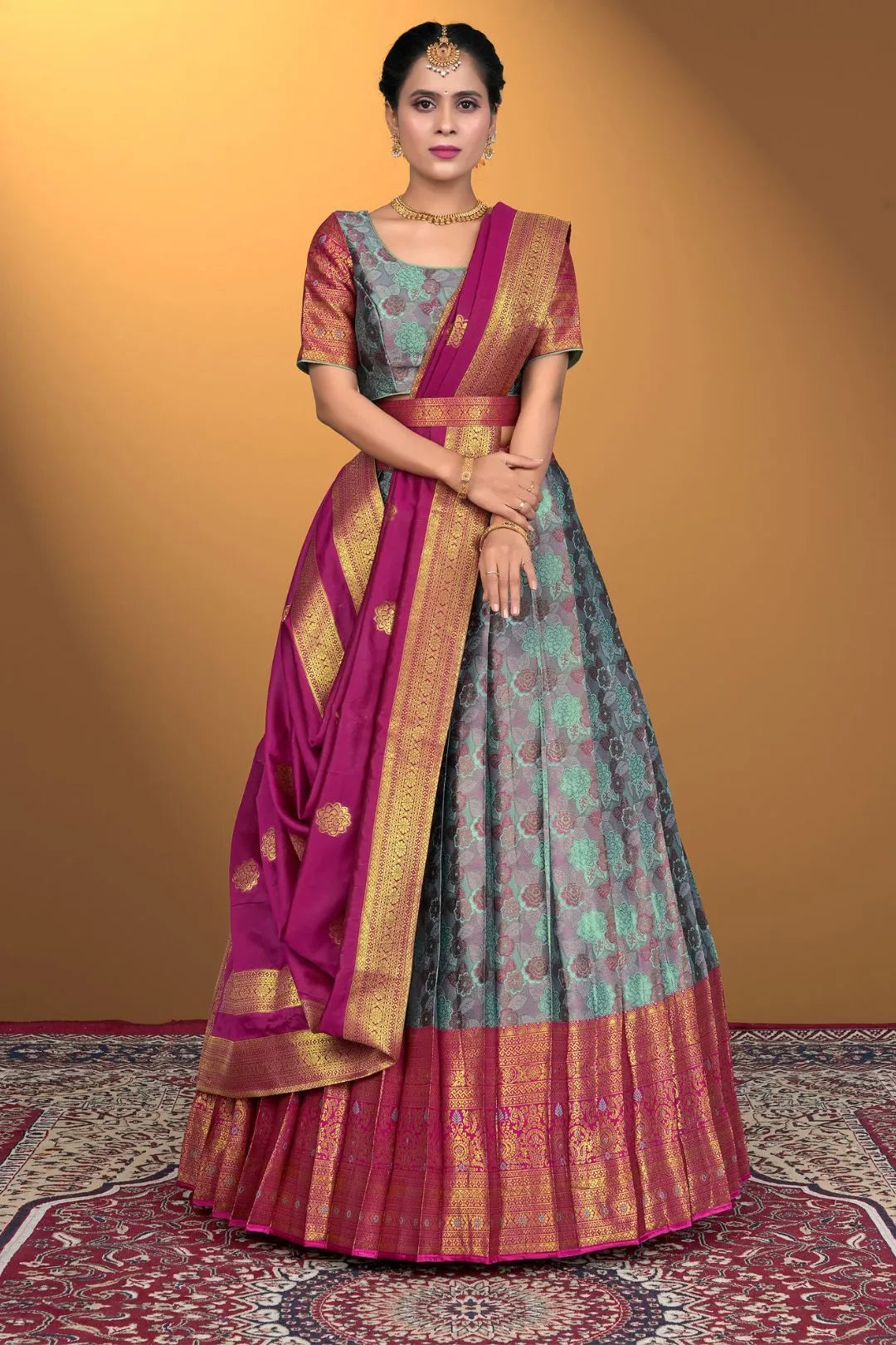 Sky Blue Jacquard Silk With Digital Print Latest Lehenga Choli