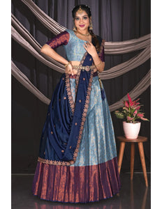 Sky Blue Banarasi Half Saree With Zari Work