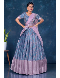 Sky Blue Banarasi Lehenga Choli With Lavender Dupatta