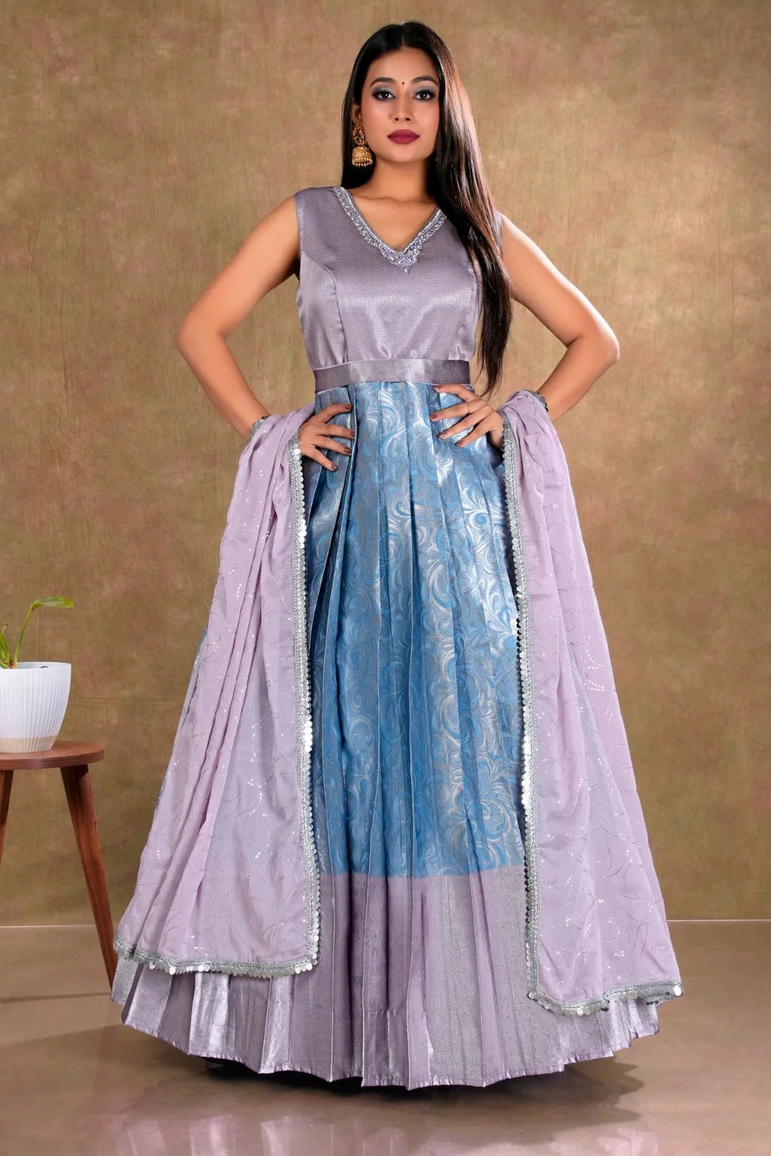 Sky Blue Banarasi Long Dress with Zari work for Women