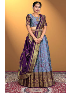 Sky Blue Banarasi Zari Silk Half Saree For Women