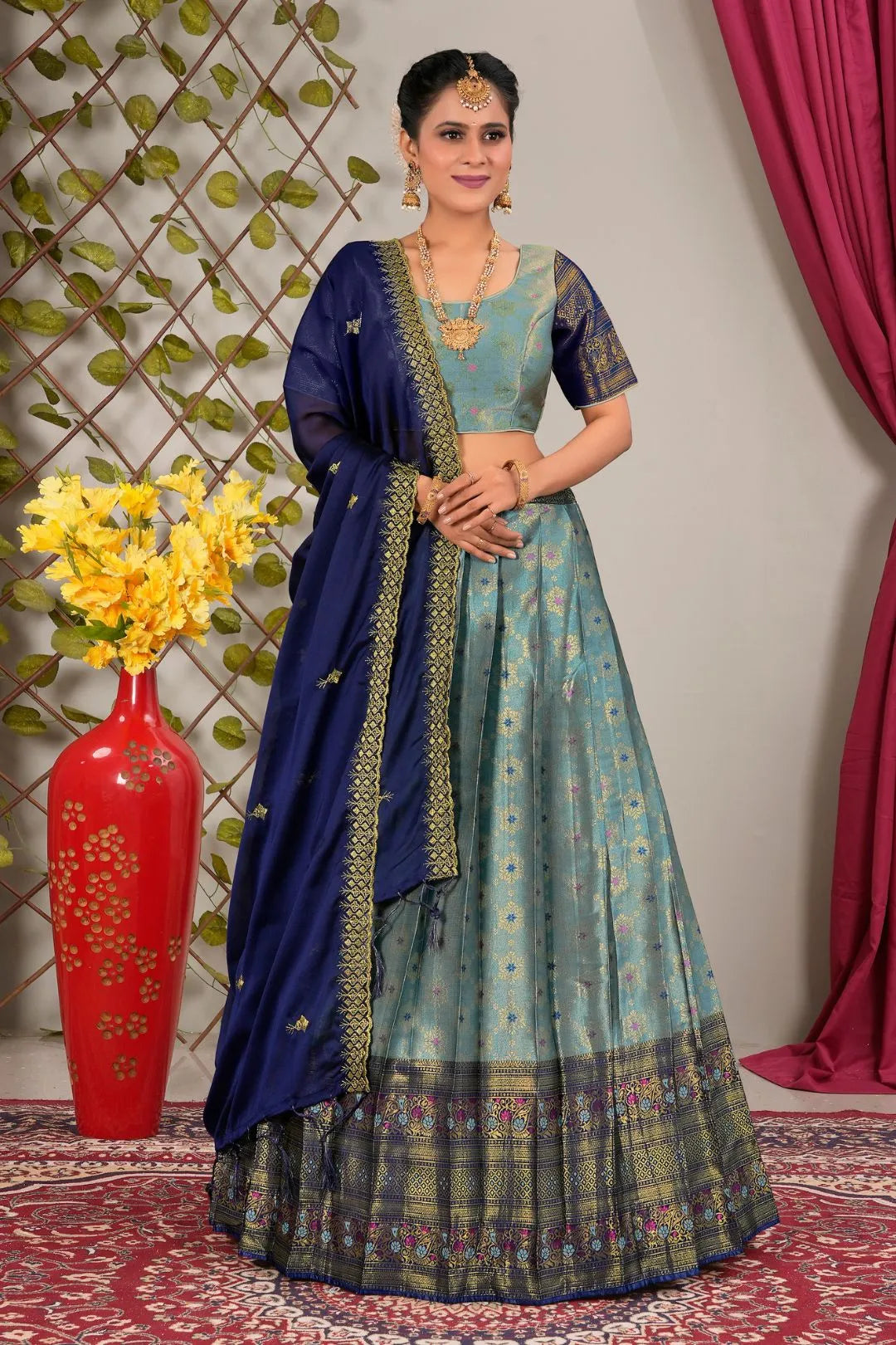 Sky Blue Banarasi Zari Silk Lehenga Choli for Women