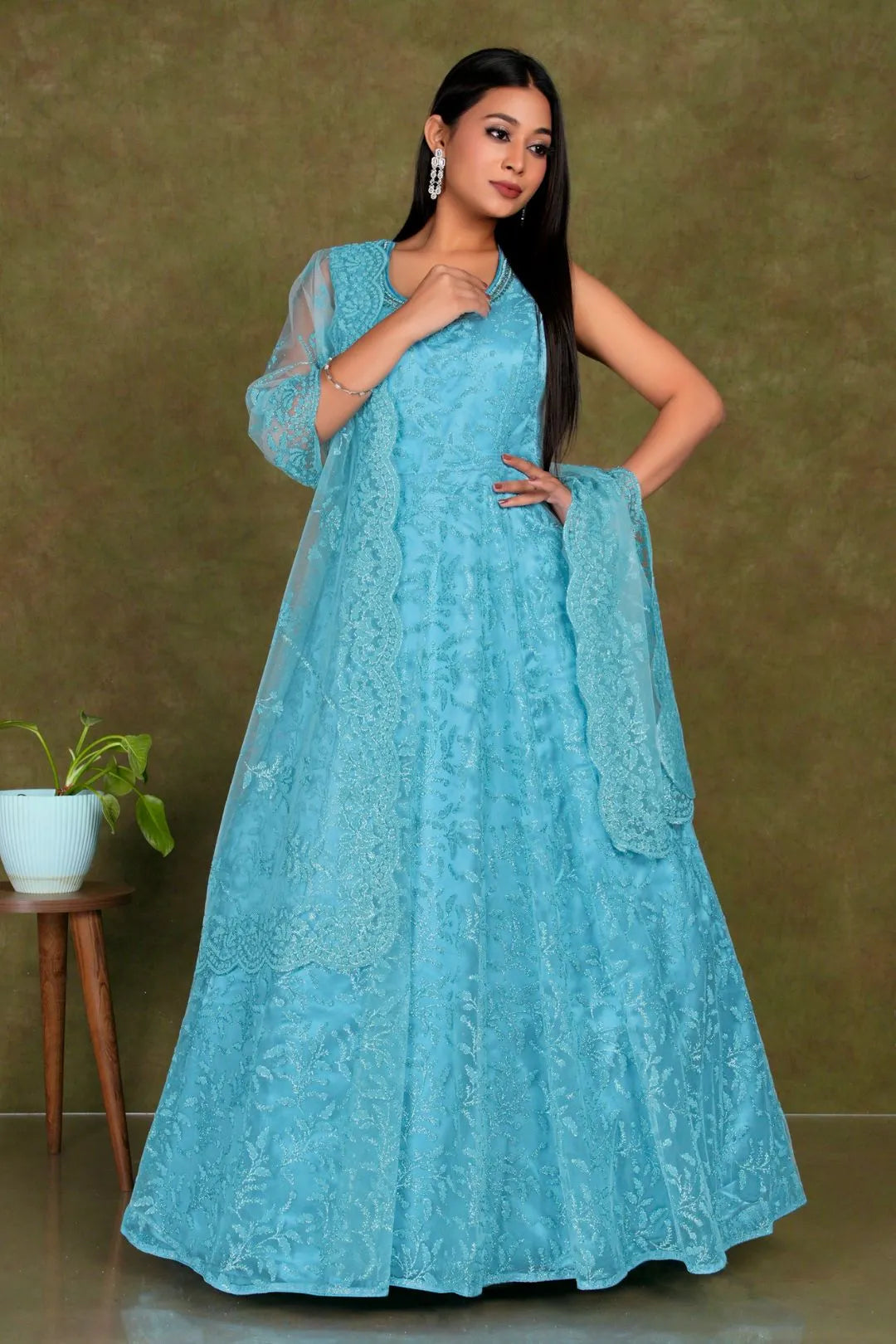 Sky Blue Colour Party Wear Net Gown For Women