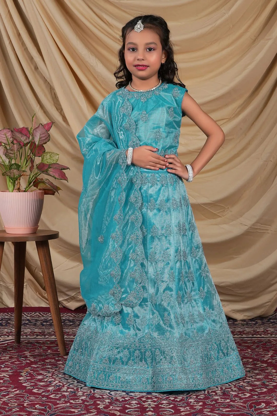 Sky Blue Kids Readymade Lehenga for Girls