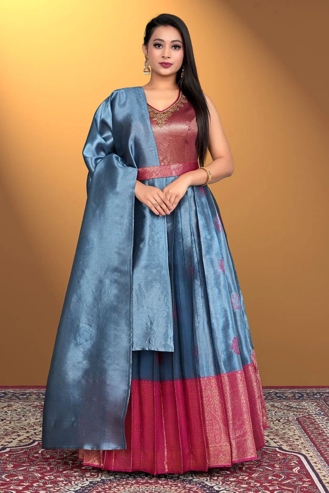 Sky Blue Pure Zari Silk Pattu Gown With Dupatta