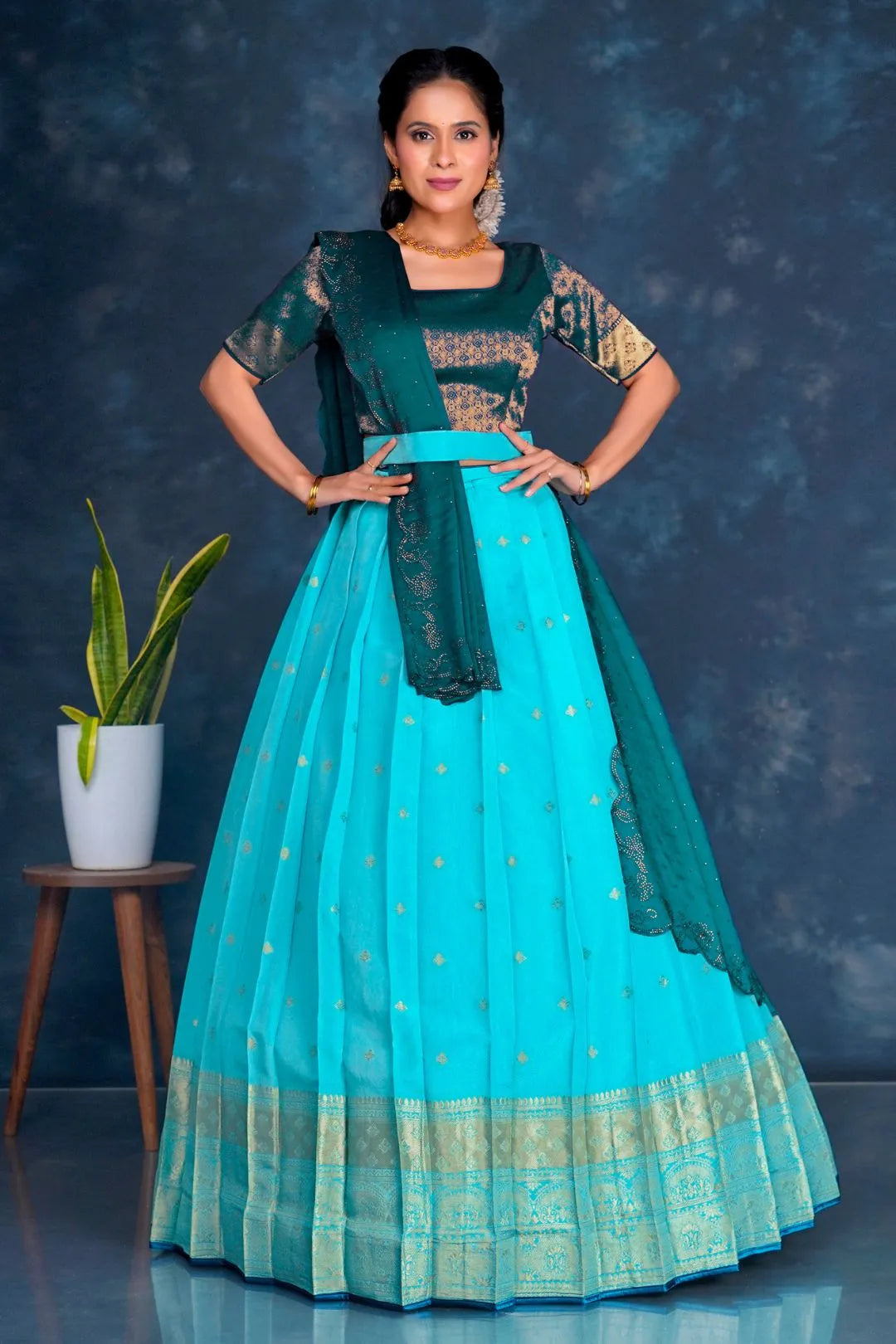 Sky Blue Viscose Silk Lehenga Choli With Zari Weaving