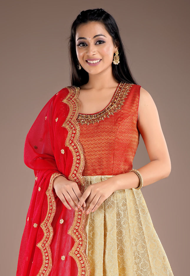 Red Long Banarasi Silk Gown With Dupatta