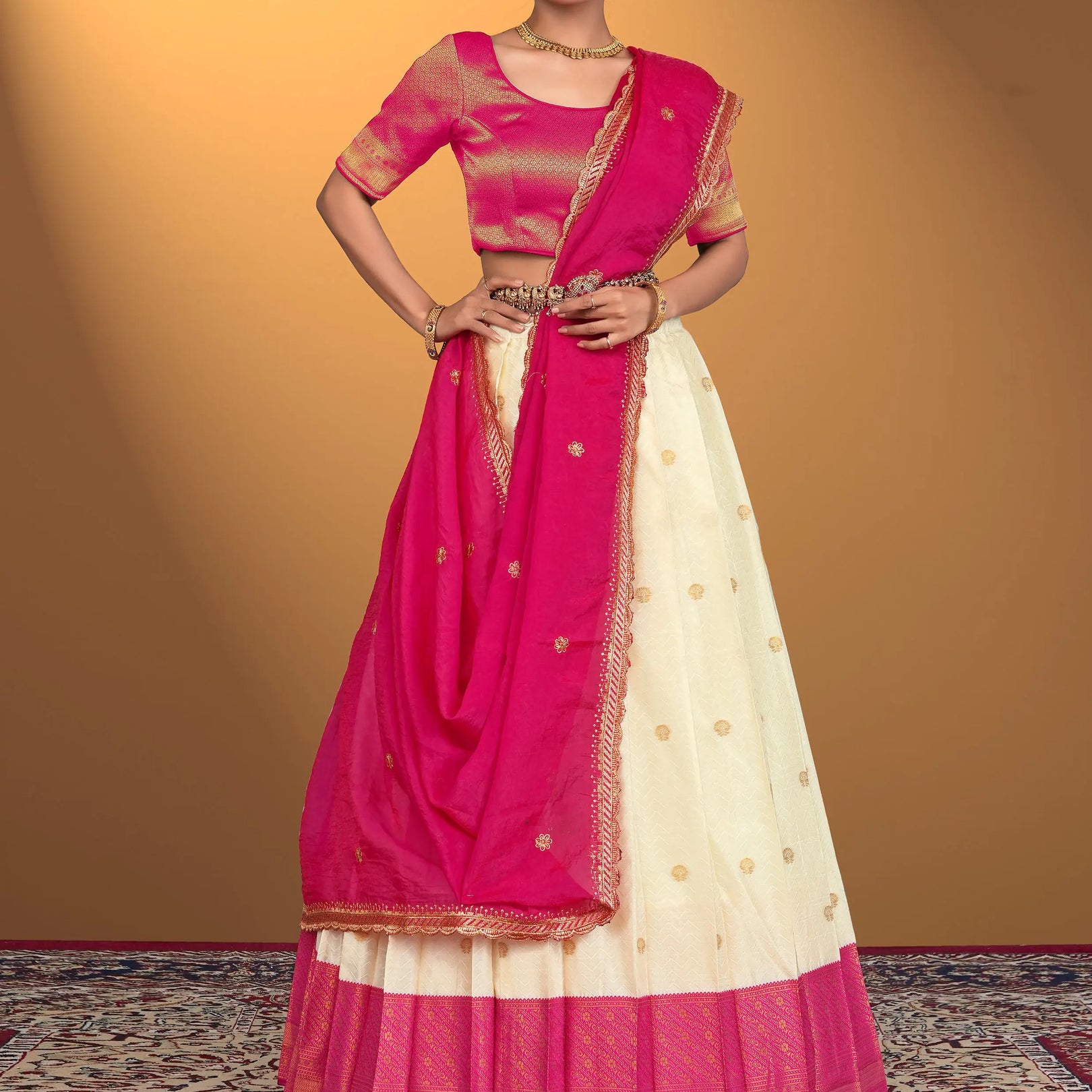 Woman wearing a pink and white traditional outfit