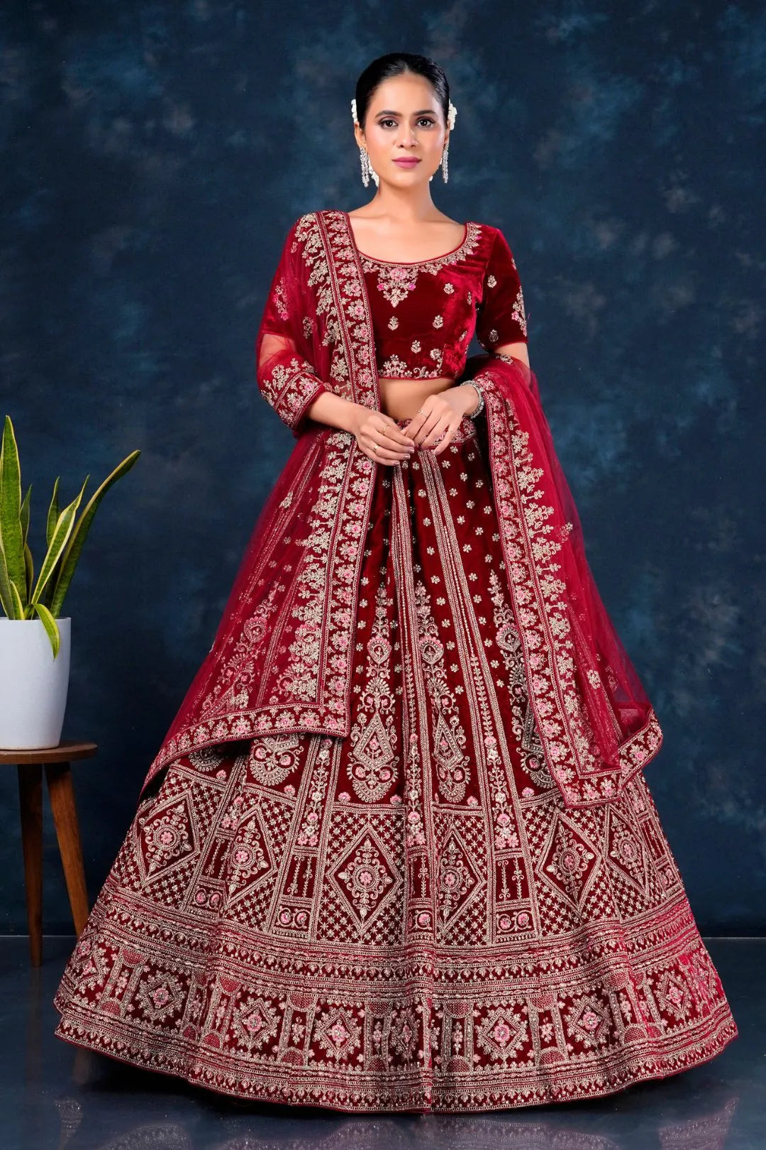 Maroon Velvet Designer Bridal Lehenga Choli Latest Design