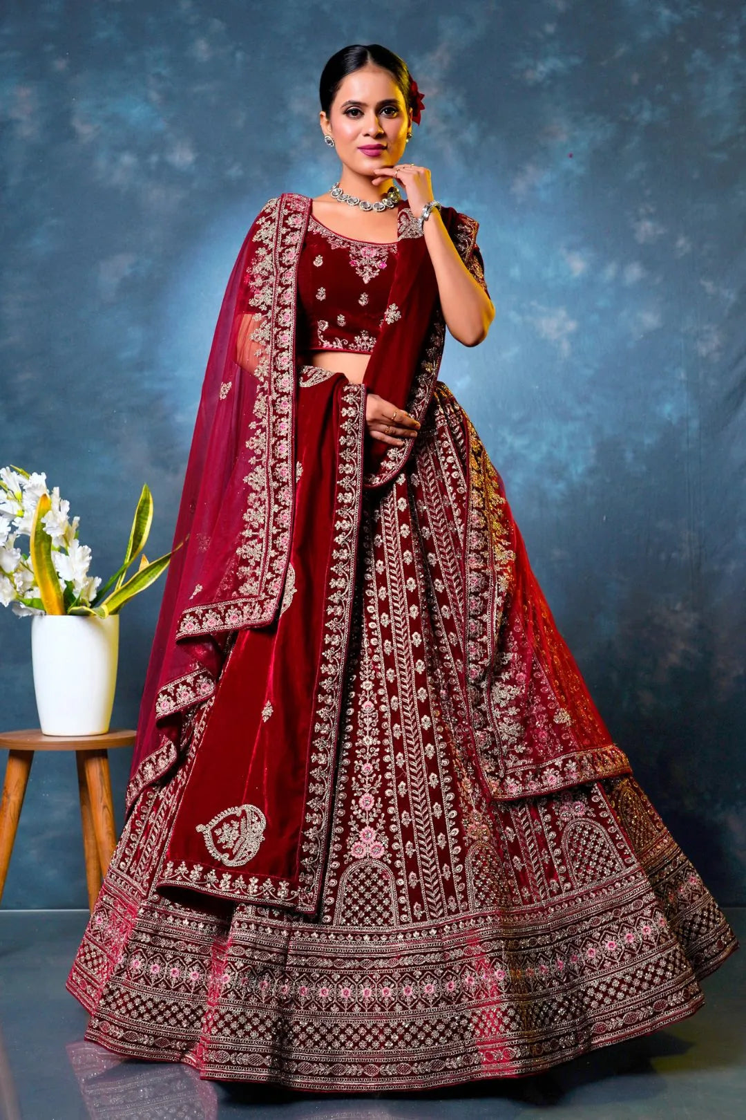 Maroon Velvet Designer Bridal Lehenga Choli Latest Design