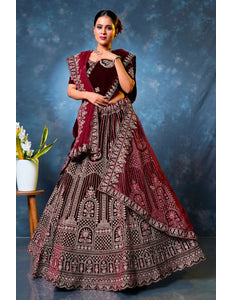 Maroon Velvet Designer Bridal Lehenga Choli with Double Dupatta