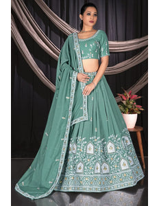 Sea Green Vichitra Silk Crop Top Lehenga For Women