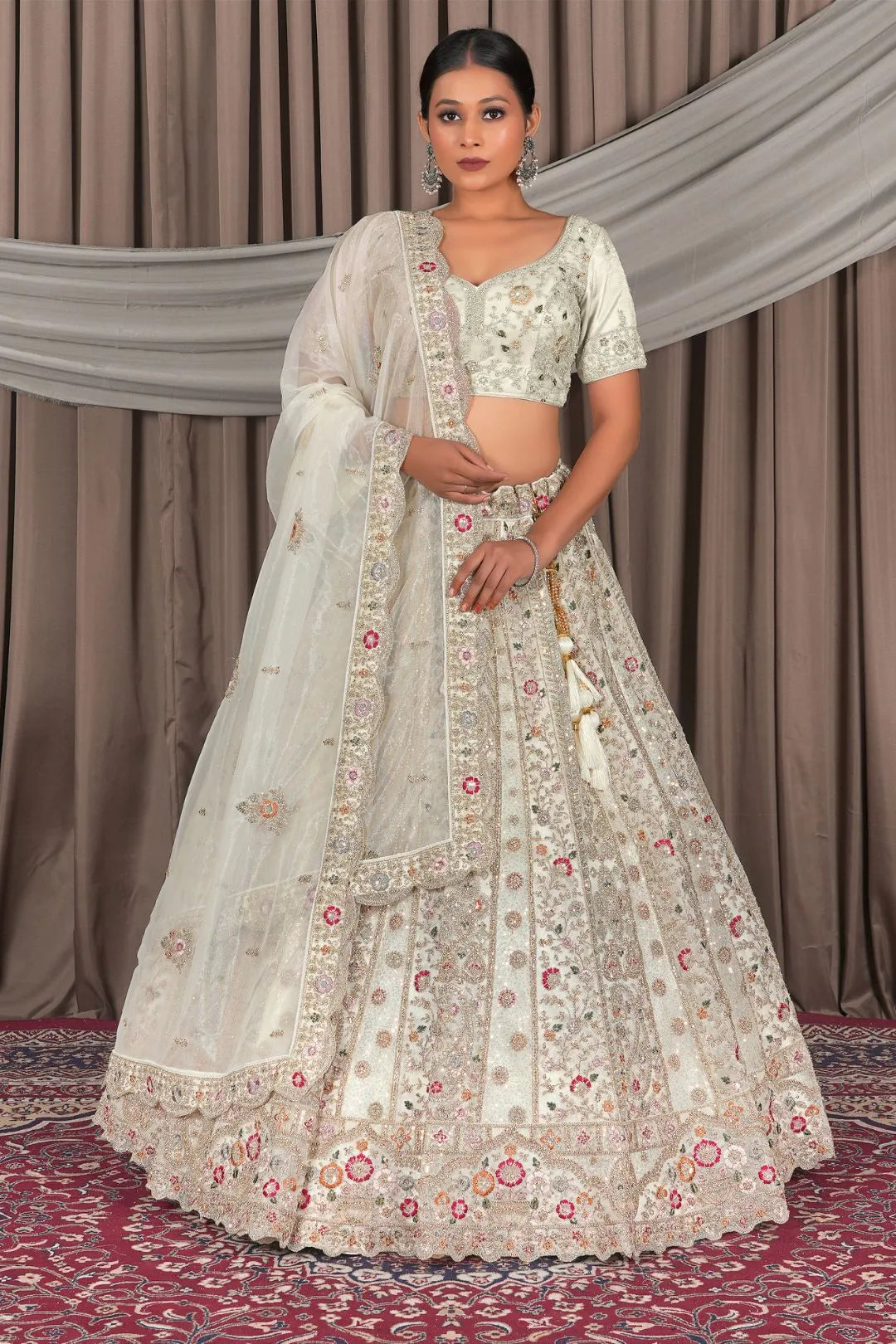 White Party Wear Embroidered Twill Net Lehenga Choli For Women
