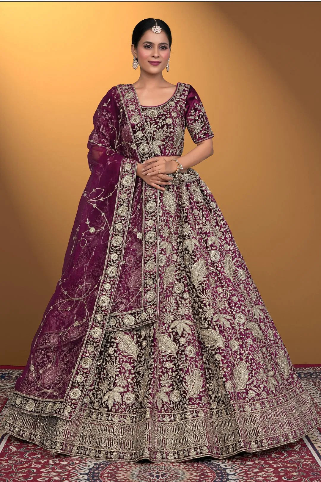 Wine Velvet Lehenga Choli With Net Dupatta For Women