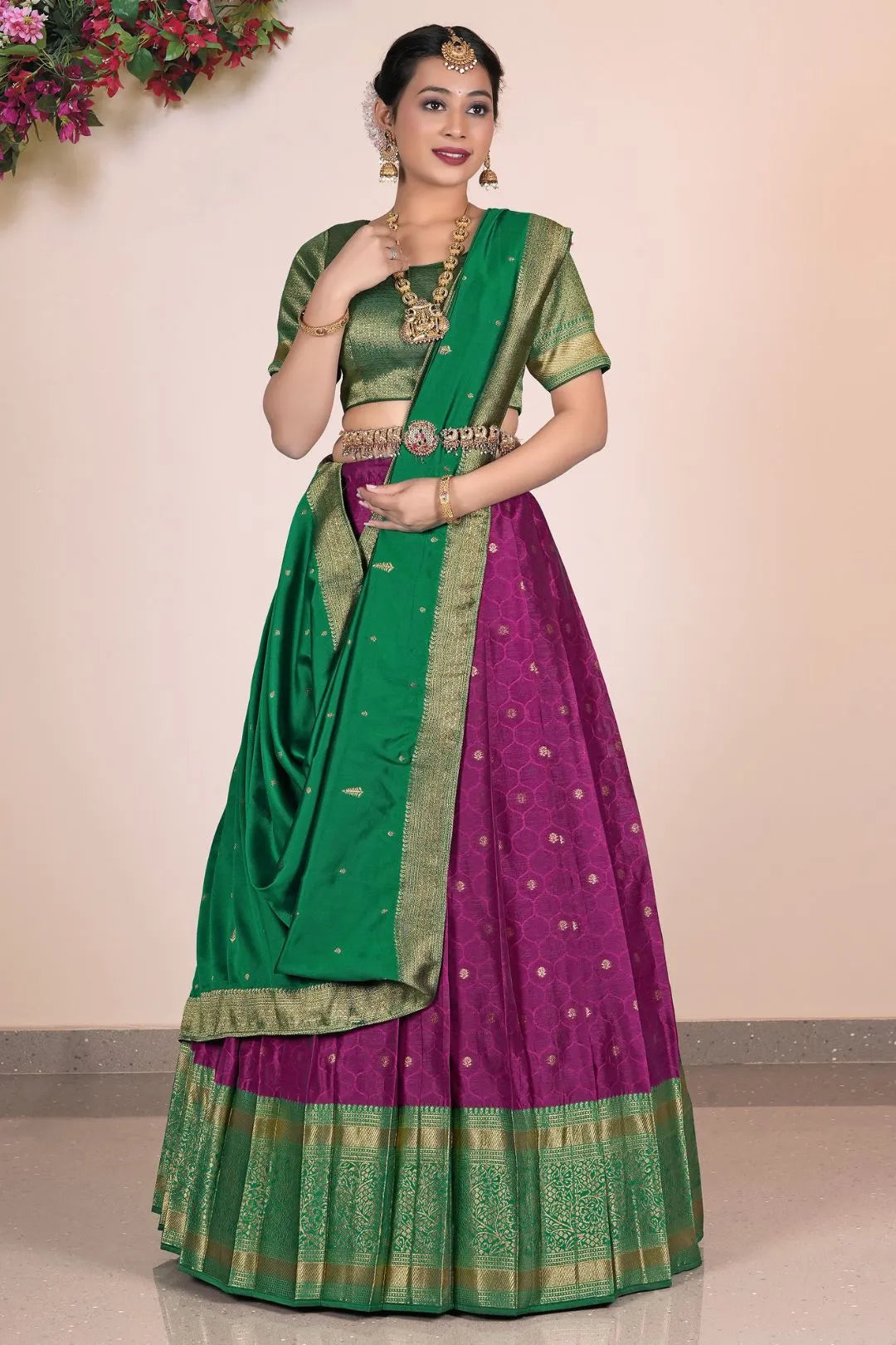 Wine Banarasi Pattu Pavadai For Women