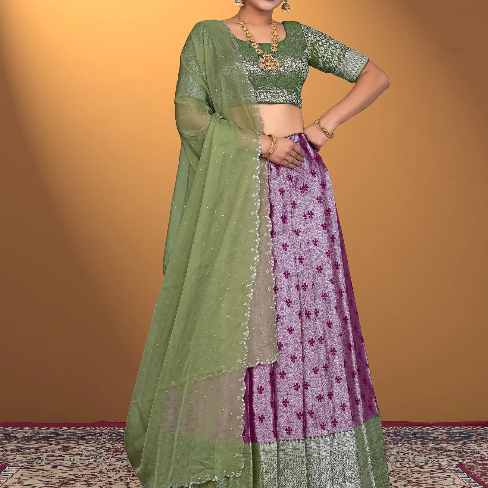 Woman wearing a green and purple traditional outfit