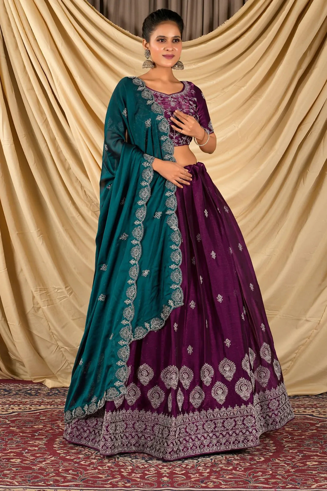 Wine Barbery Silk Lehenga Choli With Rangoli Dupatta