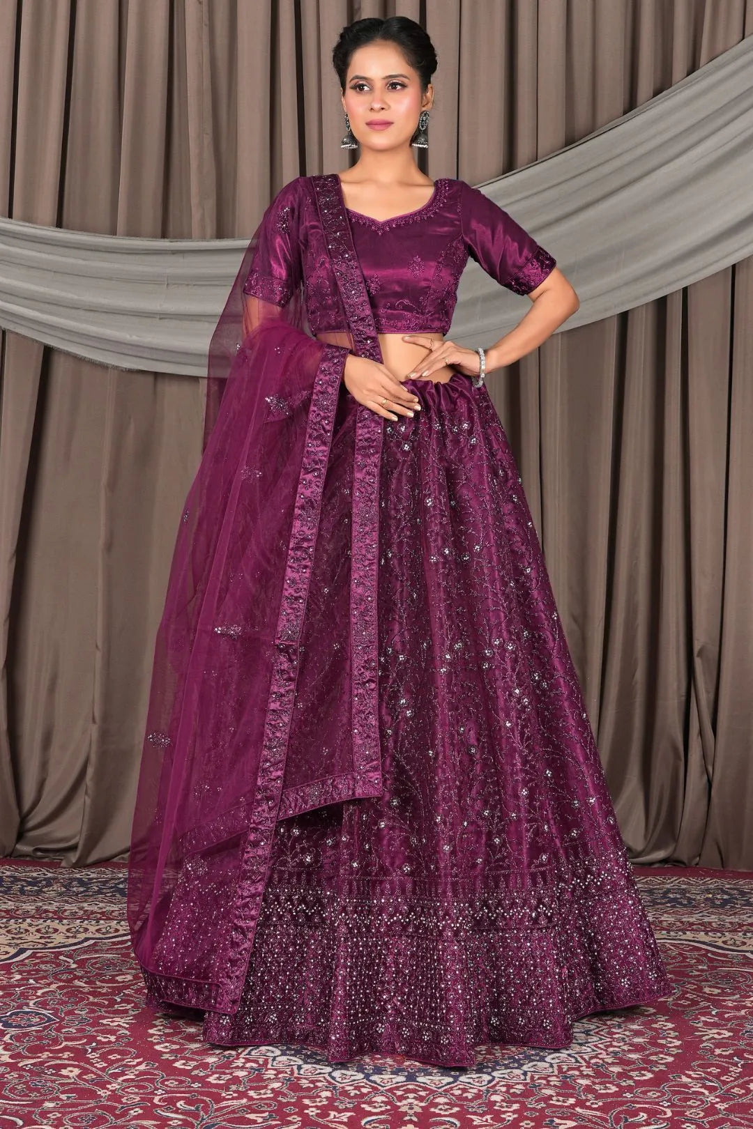 Wine Designer Net Lehenga Choli For Weddings