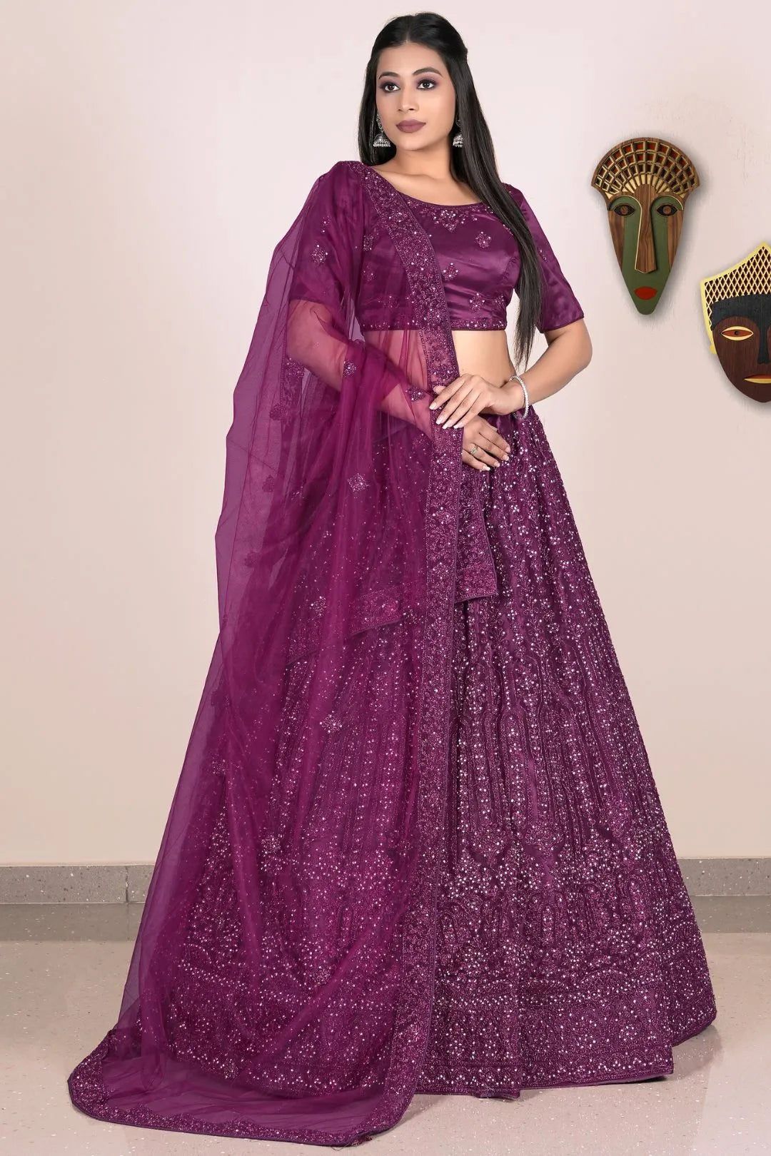 Wine Designer Net Lehenga Choli For Women