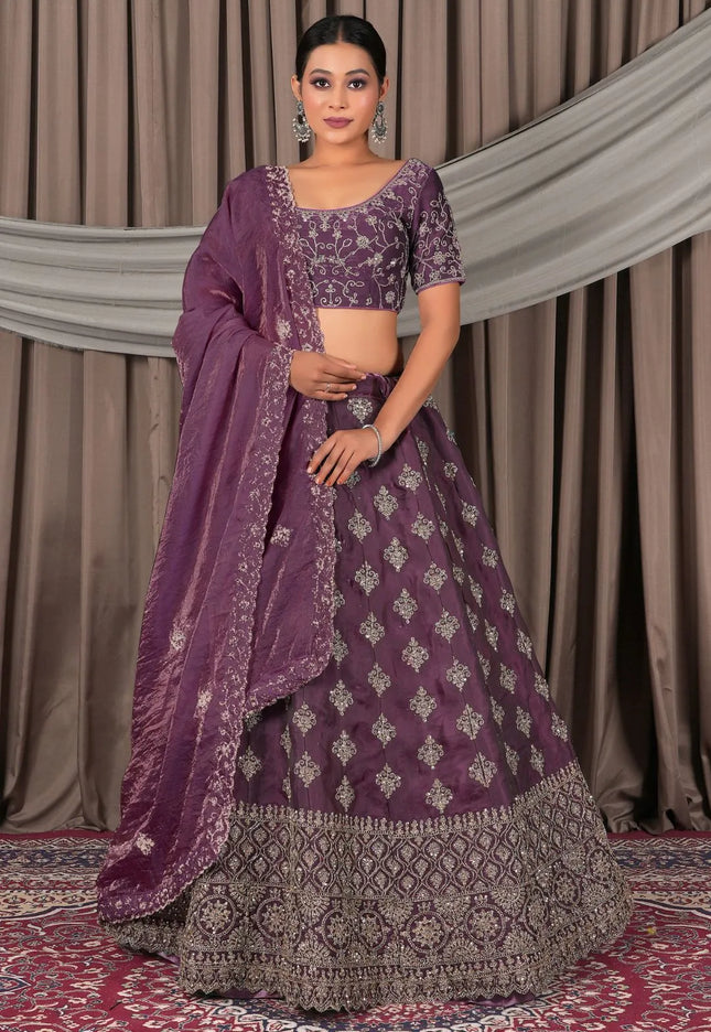 Wine Fendy Silk Semi-Stitched Lehenga For Women