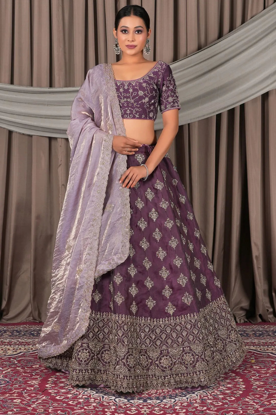Wine Fendy Silk Semi-Stitched Lehenga For Women