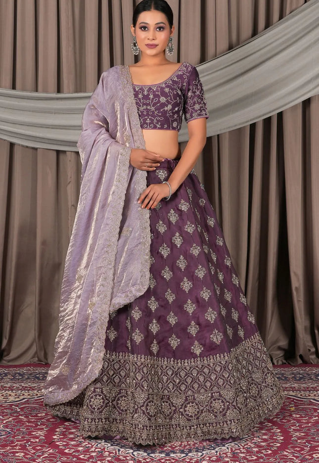 Wine Fendy Silk Semi-Stitched Lehenga For Women