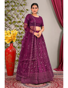 Wine Latest Net Lehenga Choli Set Wedding