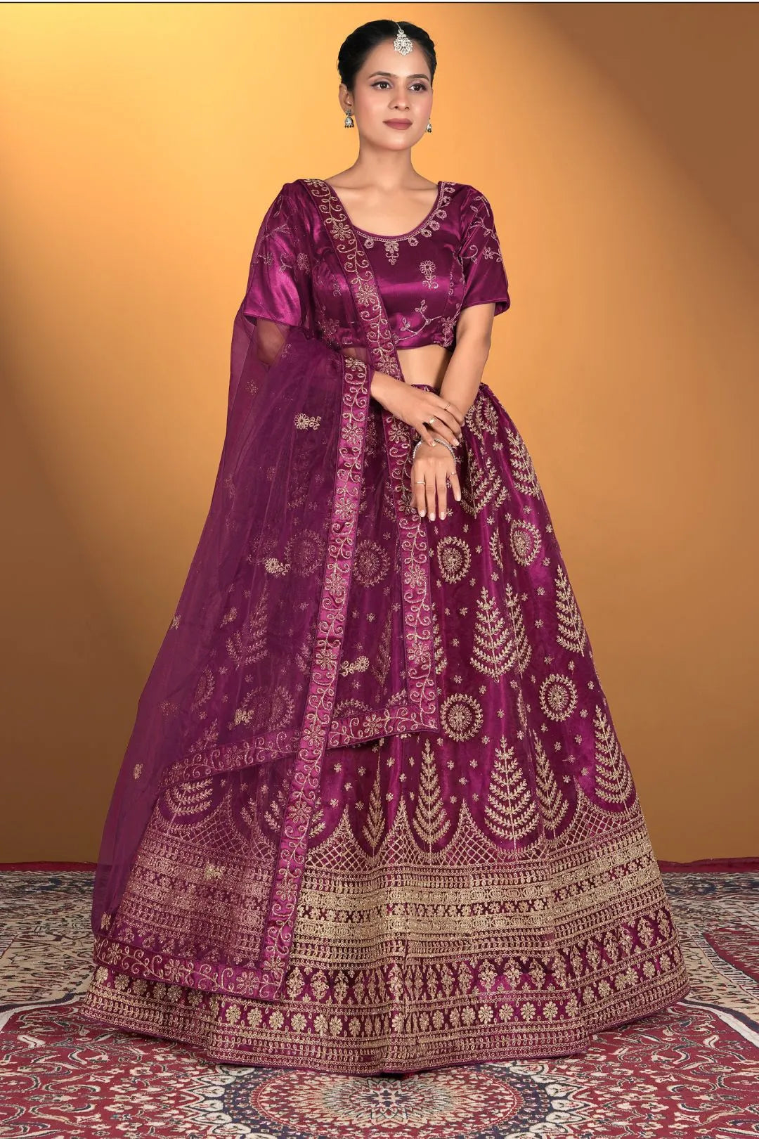 Wine Net Lehenga Choli For Women With Embroidery Work