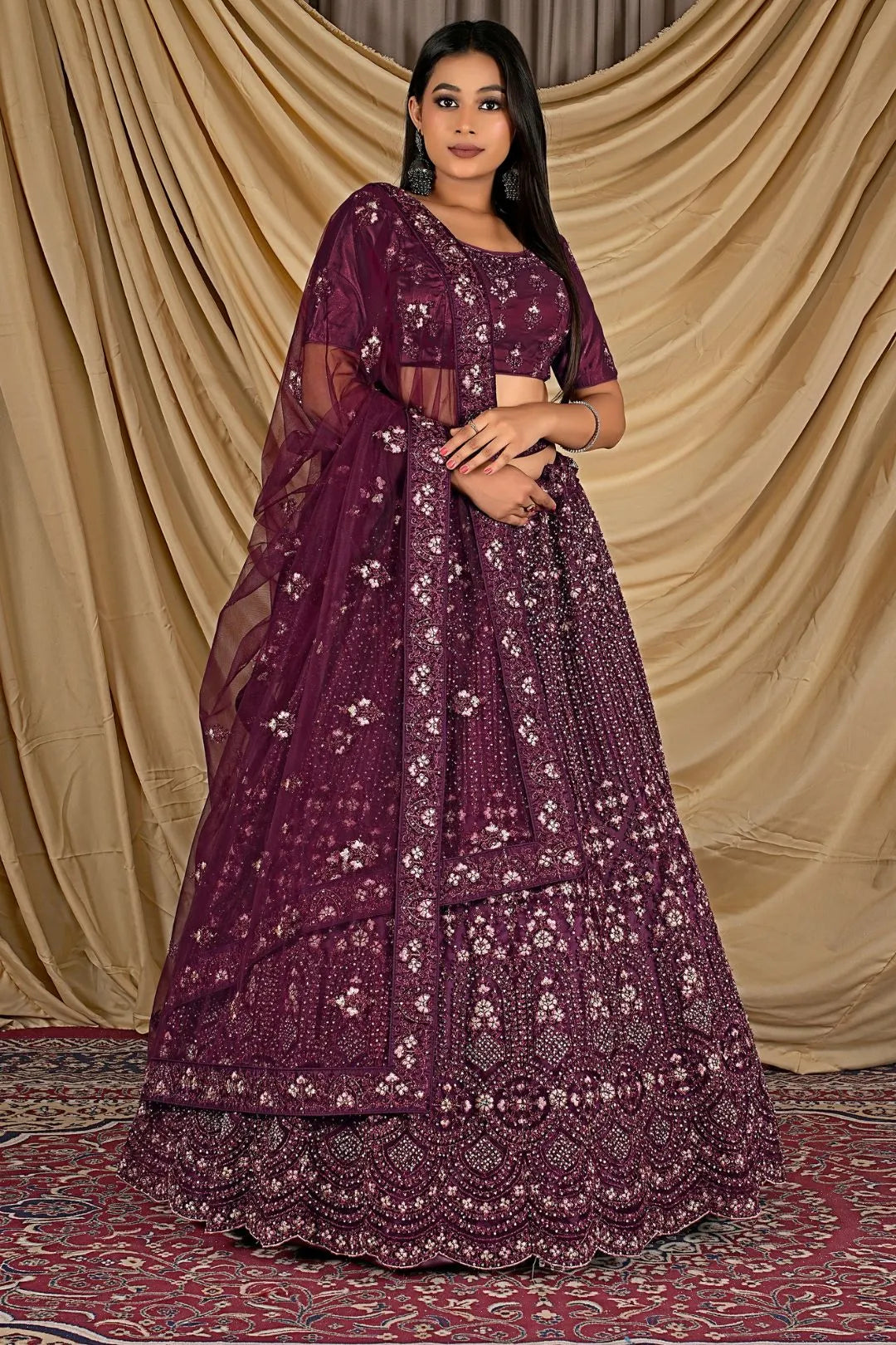 Wine Party Wear Embroidered Net Lehenga Choli For Women