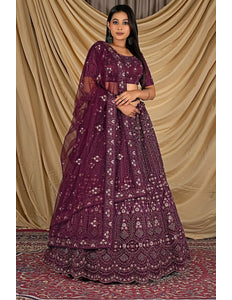 Wine Party Wear Embroidered Net Lehenga Choli For Women