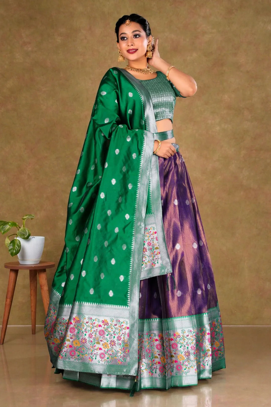 Wine Simar Chiffon Lehenga Choli with Banarasi Dupatta
