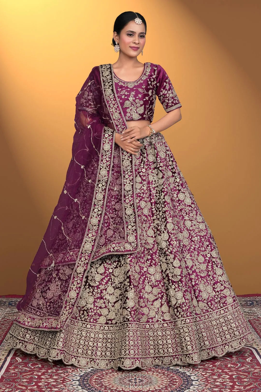 Wine Velvet Lehenga Choli With Net Dupatta For Women