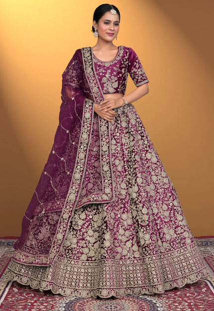 Wine Velvet Lehenga Choli With Net Dupatta For Women