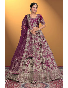 Wine Velvet Lehenga Choli With Net Dupatta For Women