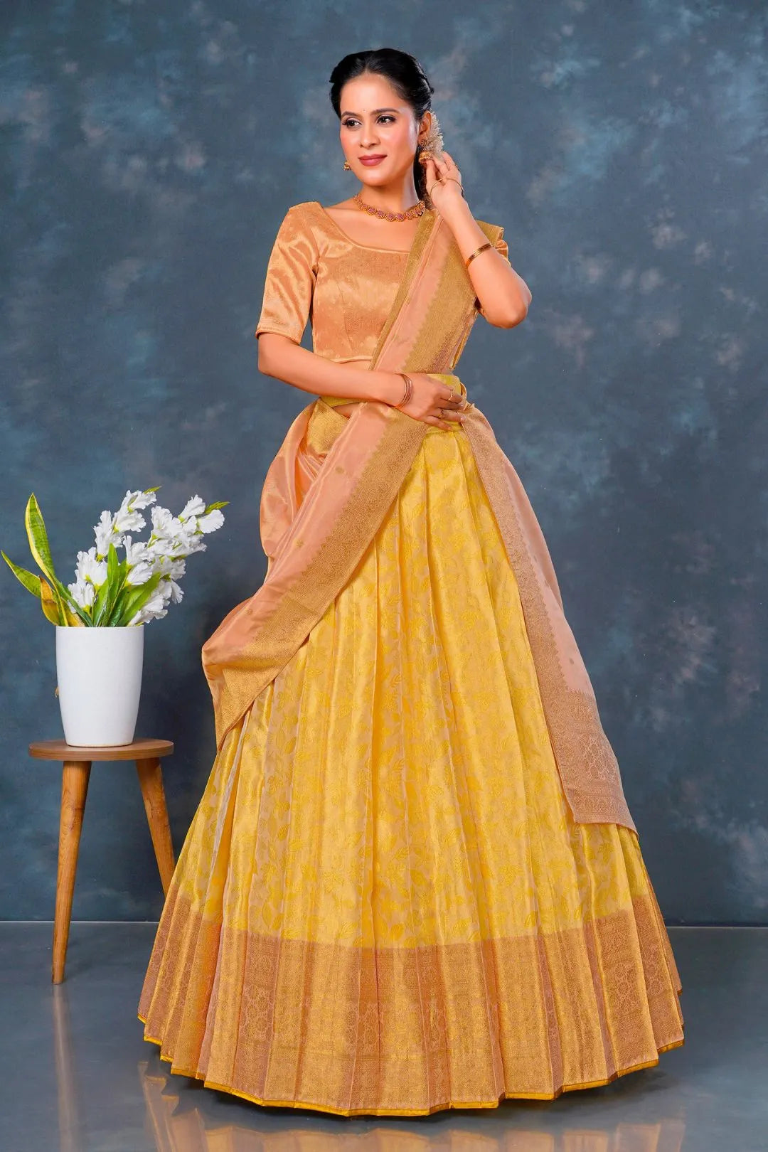 Yellow Designer Lehenga Choli in Tissue Silk