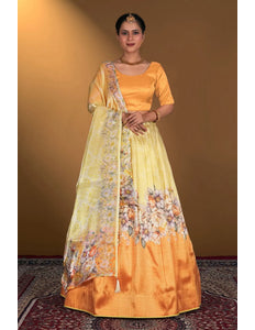 Yellow Digital Printed Satin Lehenga With Chinnon Dupatta