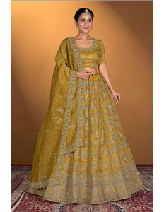 Yellow Gold Crush Embroidery Lehenga Choli For Women