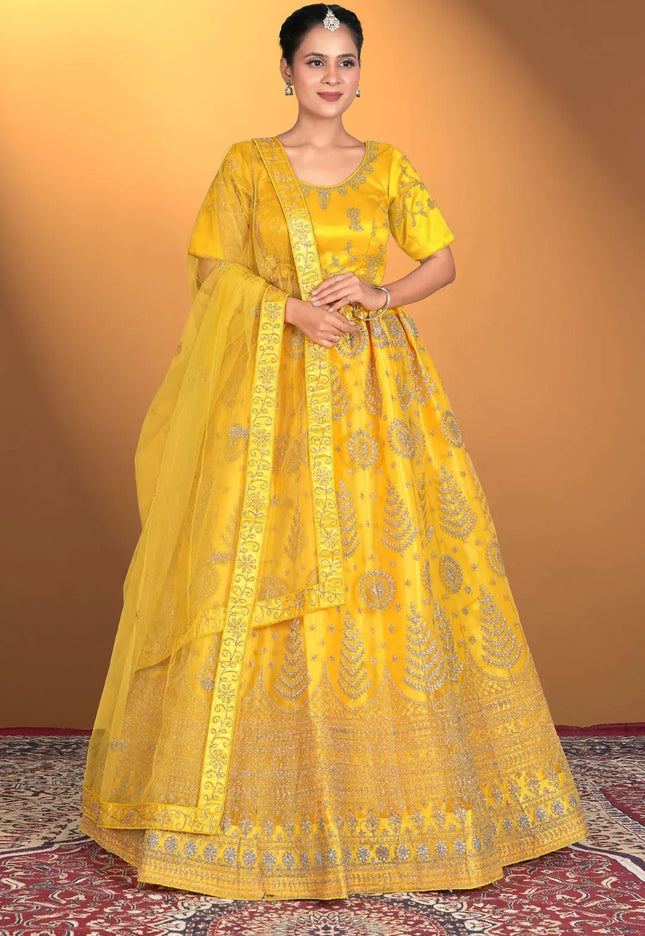 Yellow Net Lehenga Choli For Women With Embroidery Work