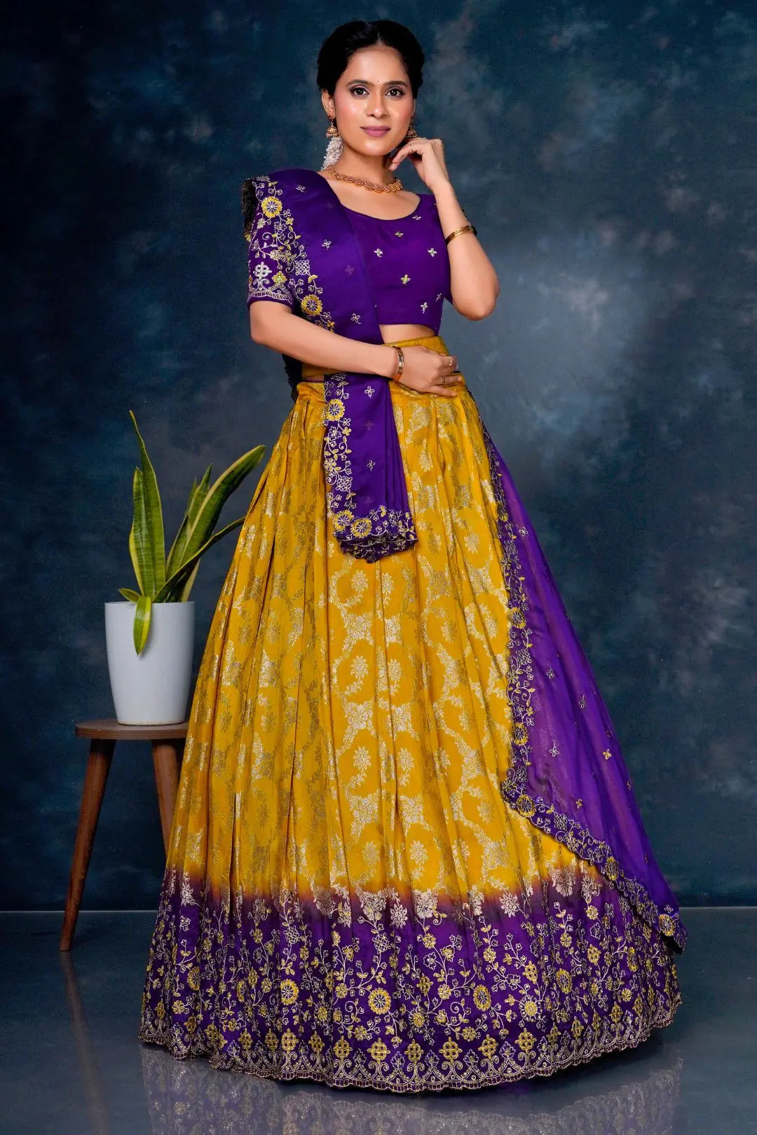 Yellow Viscos Muslin Lehenga With Purple Dupatta Gajiwala