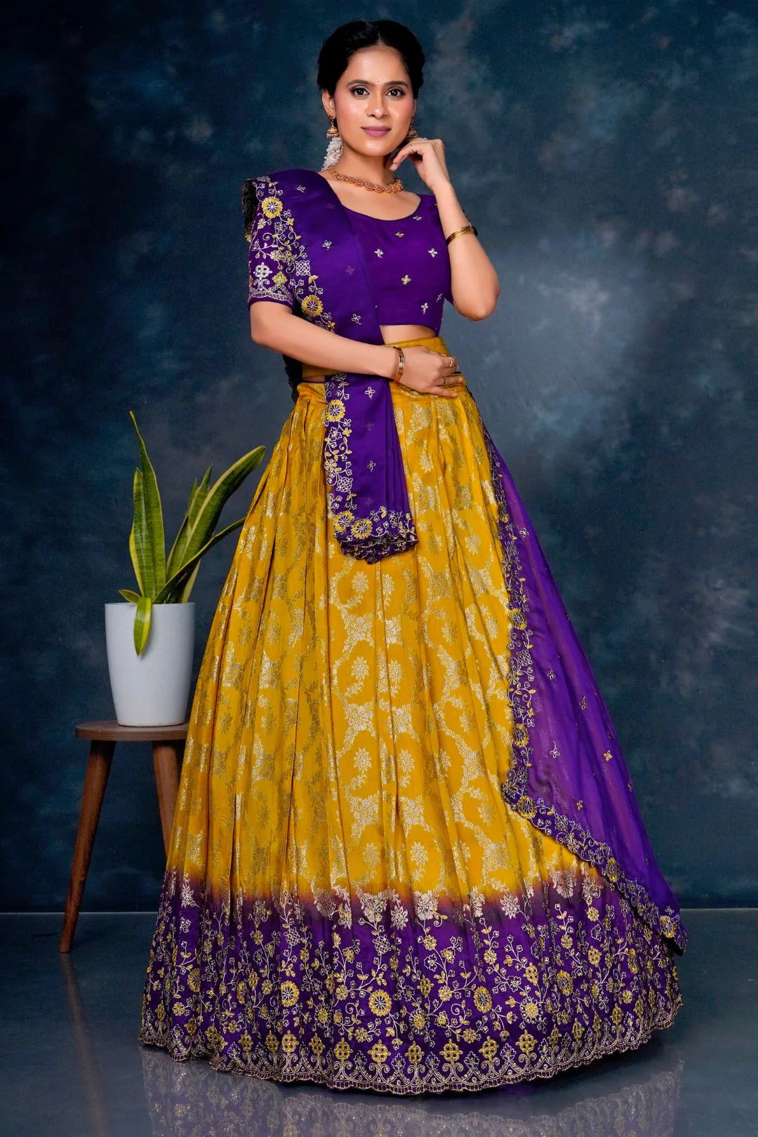 Yellow Viscos Muslin Lehenga With Purple Dupatta