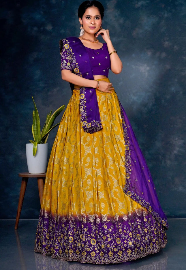 Yellow Viscos Muslin Lehenga With Purple Dupatta