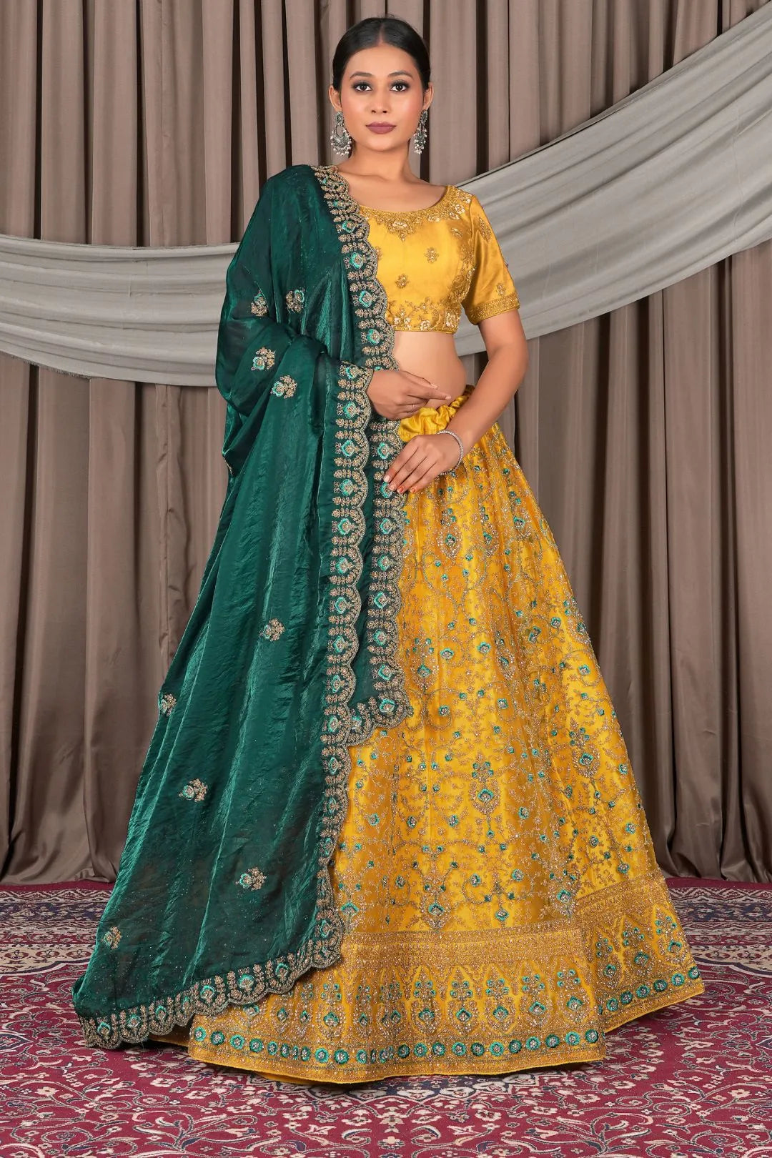 Yellow Wedding Wear Embroidered Net Lehenga Choli For Women