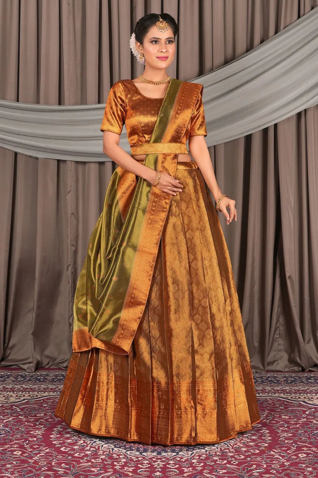 Bronze Pure Two Tone Zari Tissue Pattu Half Saree For Women - Gajiwala